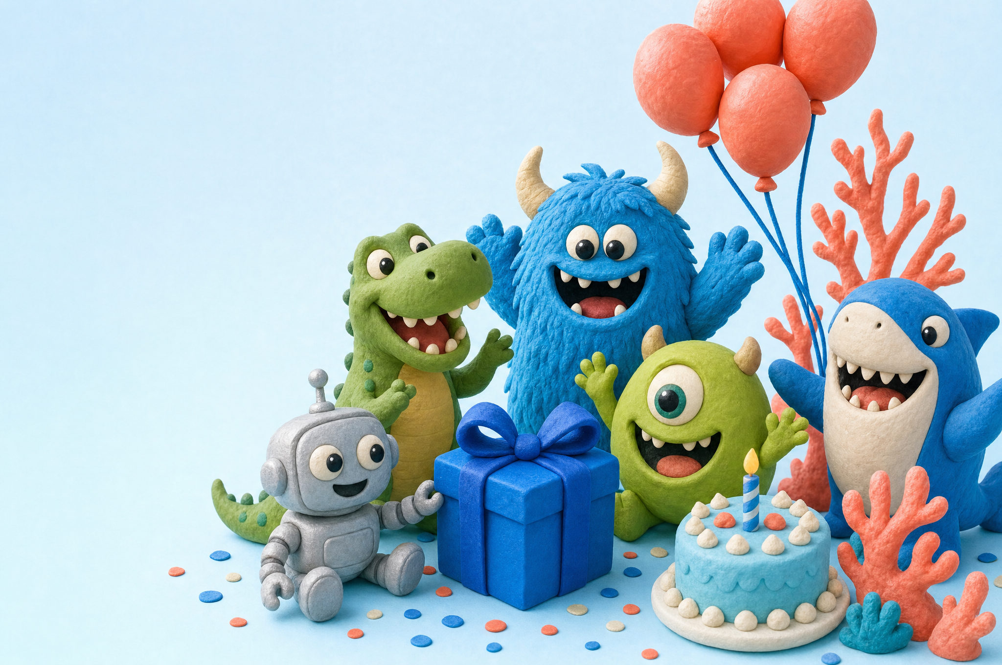 Robots, dinosaurs, friendly monsters and a shark celebrating together
