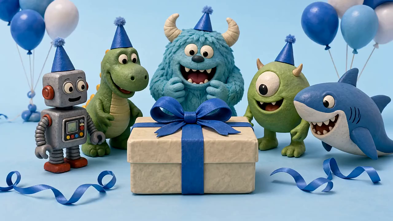 A cheerful toy party crew around a birthday gift